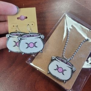 New Handmade Triple Goddess Witch Cauldron Acrylic Earring and Necklace Set
